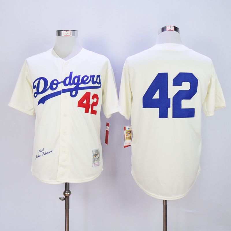 Men Los Angeles Dodgers 42 Robinson Cream Throwback 1955 MLB Jerseys
